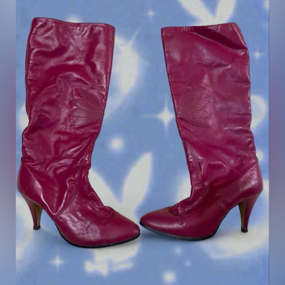 Vintage magenta leather stiletto boots size 8 pointed toe mid-calf Y2K